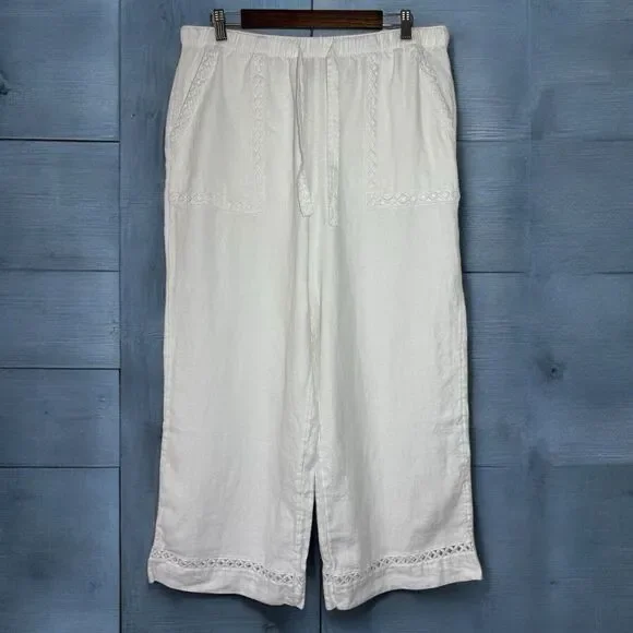 Joie Wide Leg 100% Linen Pants Large White Boho Elastic Waist Pull On Cropped - Picture 1 of 8